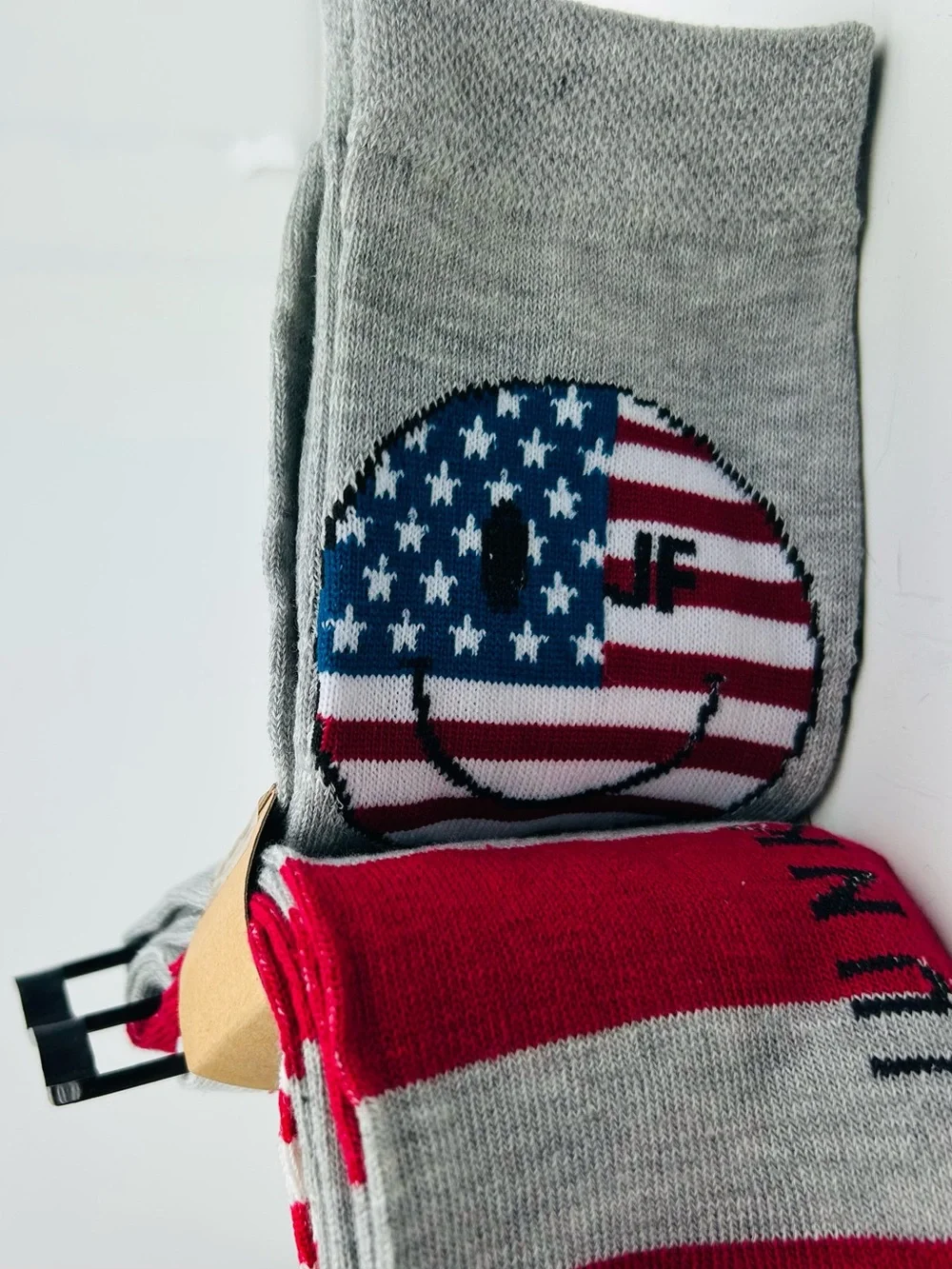 Junk Food Clothing White Crew Socks with Red Stripes and Blue Logo